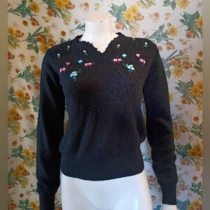 Vtg 80's 90's Women's Zazou Black Knit Sweater With Colorful Floral Embroidery